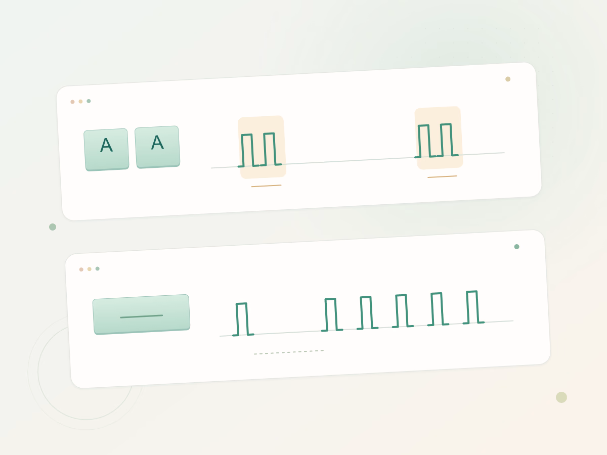 Illustrated event timelines showing two separate taps beside a held key with repeated input.
