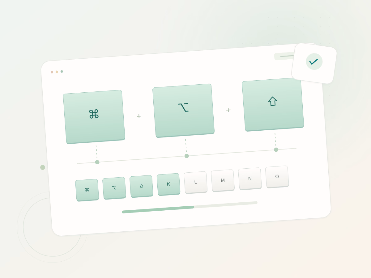 Illustration of Command, Option and Shift keycaps linked to a simultaneous key press indicator.
