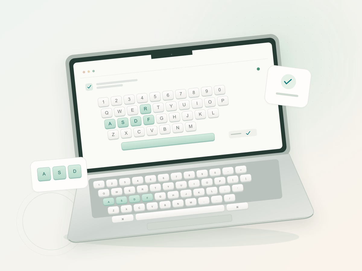 Illustration of a MacBook keyboard with mint tested keys and check marks for completed key checks.